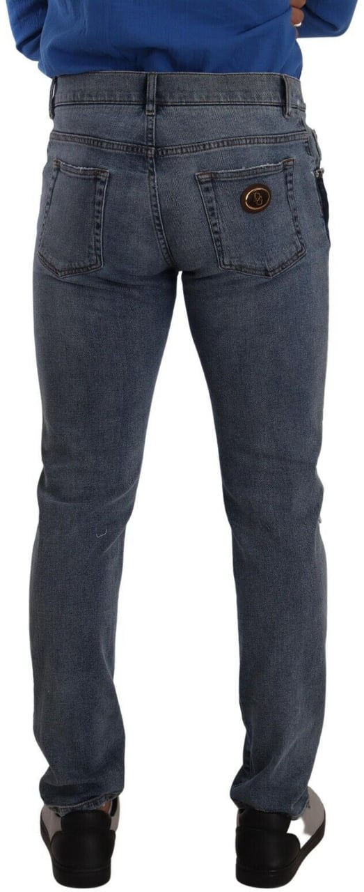 Dolce & Gabbana Blue Two Tone Tattered Cotton Slim Denim Jeans Blauw