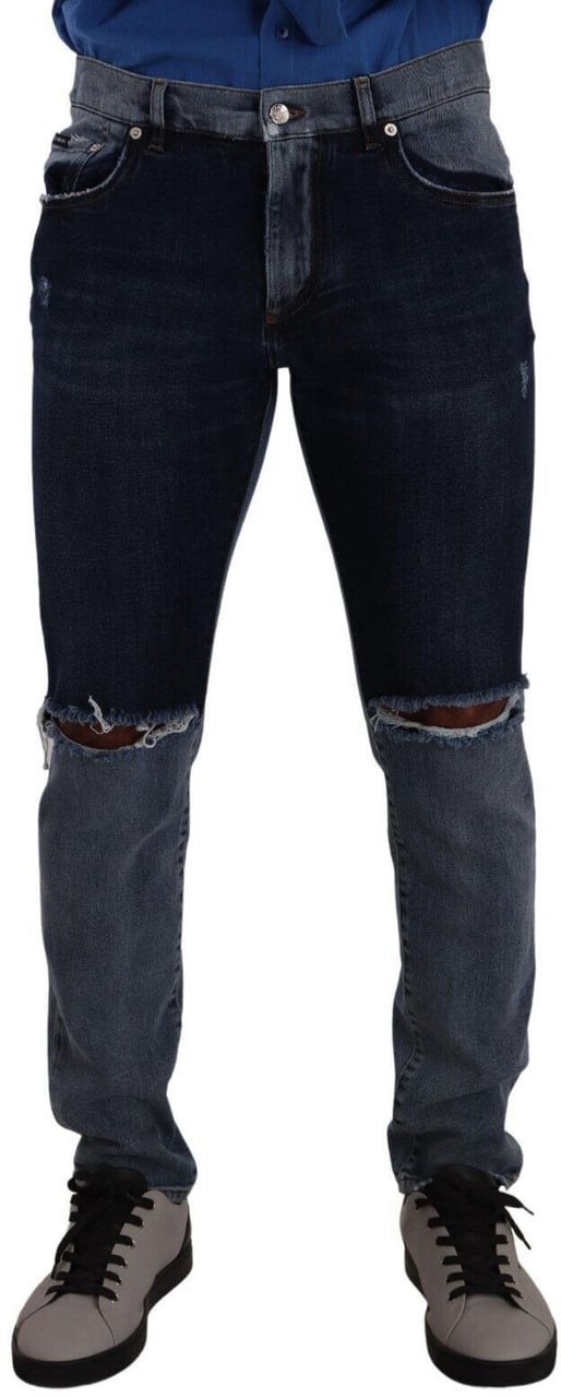 Dolce & Gabbana Blue Two Tone Tattered Cotton Slim Denim Jeans Blauw