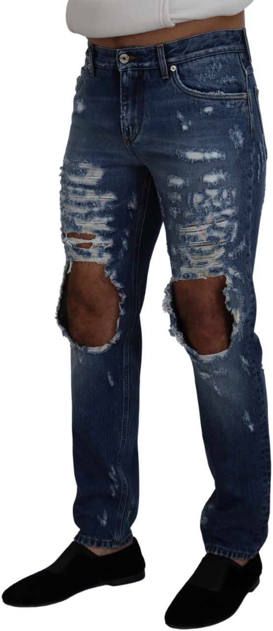Dolce & Gabbana Blue Cotton Tattered Men Denim Jeans Blauw
