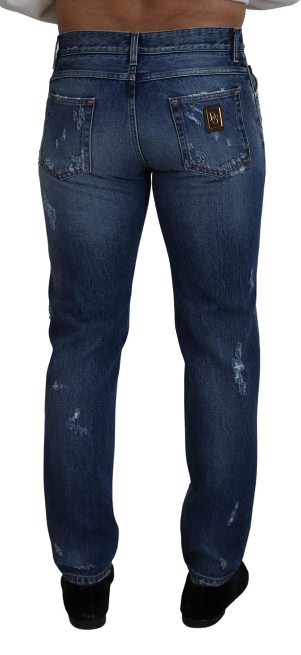 Dolce & Gabbana Blue Cotton Tattered Men Denim Jeans Blauw