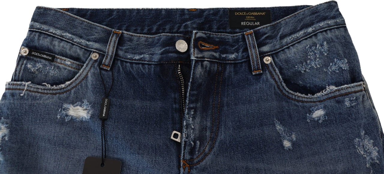 Dolce & Gabbana Blue Cotton Tattered Men Denim Jeans Blauw