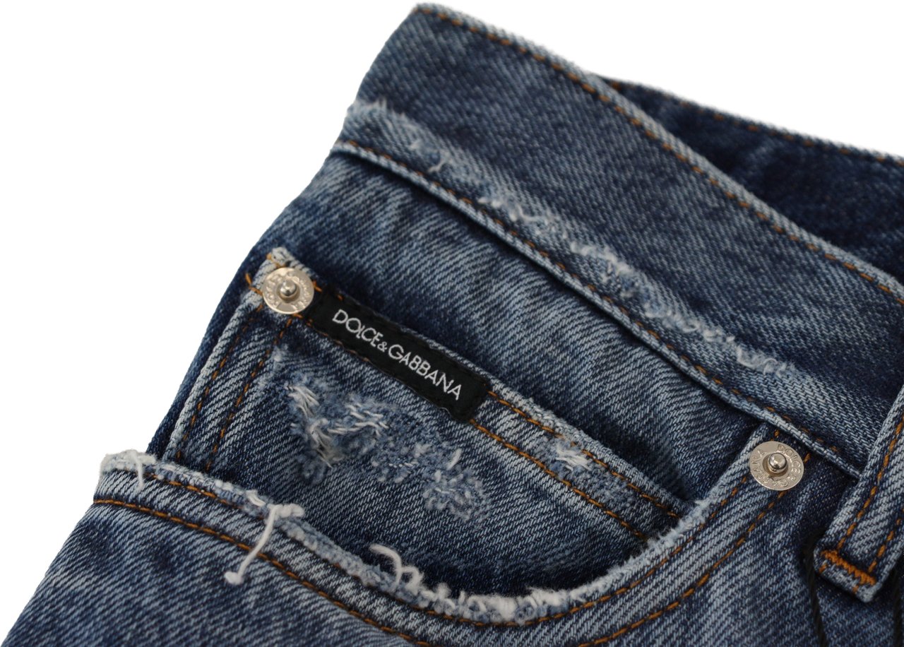 Dolce & Gabbana Blue Cotton Tattered Men Denim Jeans Blauw