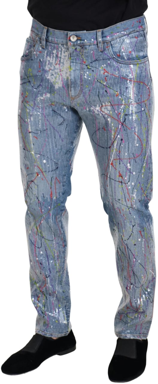 Dolce & Gabbana Blue Cotton Color Splash Print Denim Jeans Blauw