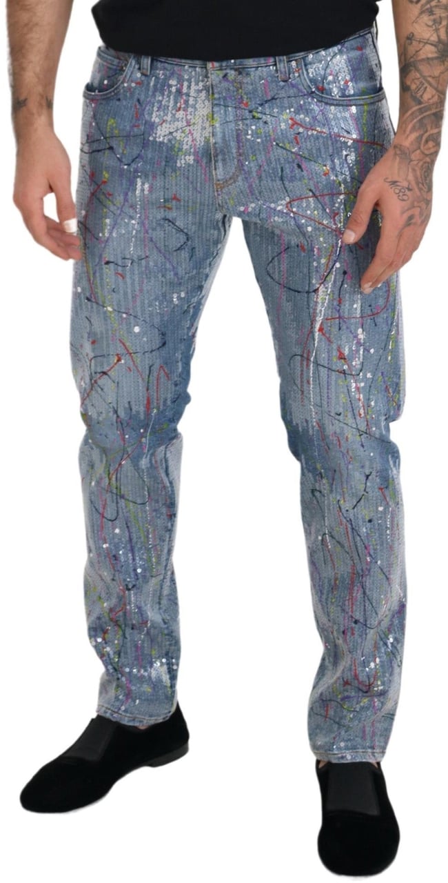 Dolce & Gabbana Blue Cotton Color Splash Print Denim Jeans Blauw