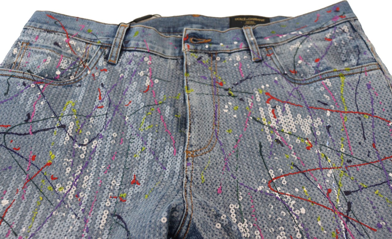 Dolce & Gabbana Blue Cotton Color Splash Print Denim Jeans Blauw