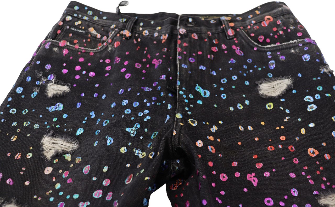 Dolce & Gabbana Black Multicolor Print Tattered Denim Jeans Zwart