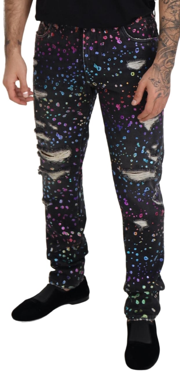 Dolce & Gabbana Black Multicolor Print Tattered Denim Jeans Zwart