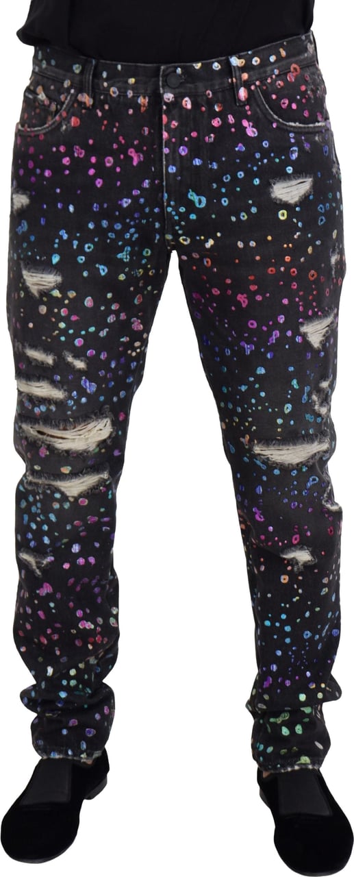 Dolce & Gabbana Black Multicolor Print Tattered Denim Jeans Zwart