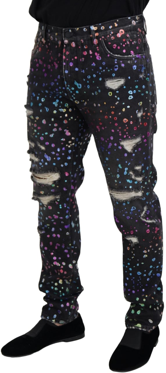 Dolce & Gabbana Black Multicolor Print Tattered Denim Jeans Zwart