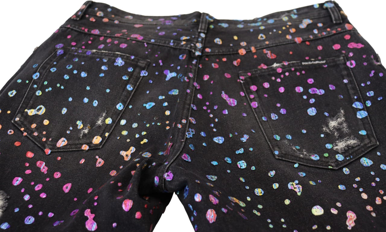 Dolce & Gabbana Black Multicolor Print Tattered Denim Jeans Zwart