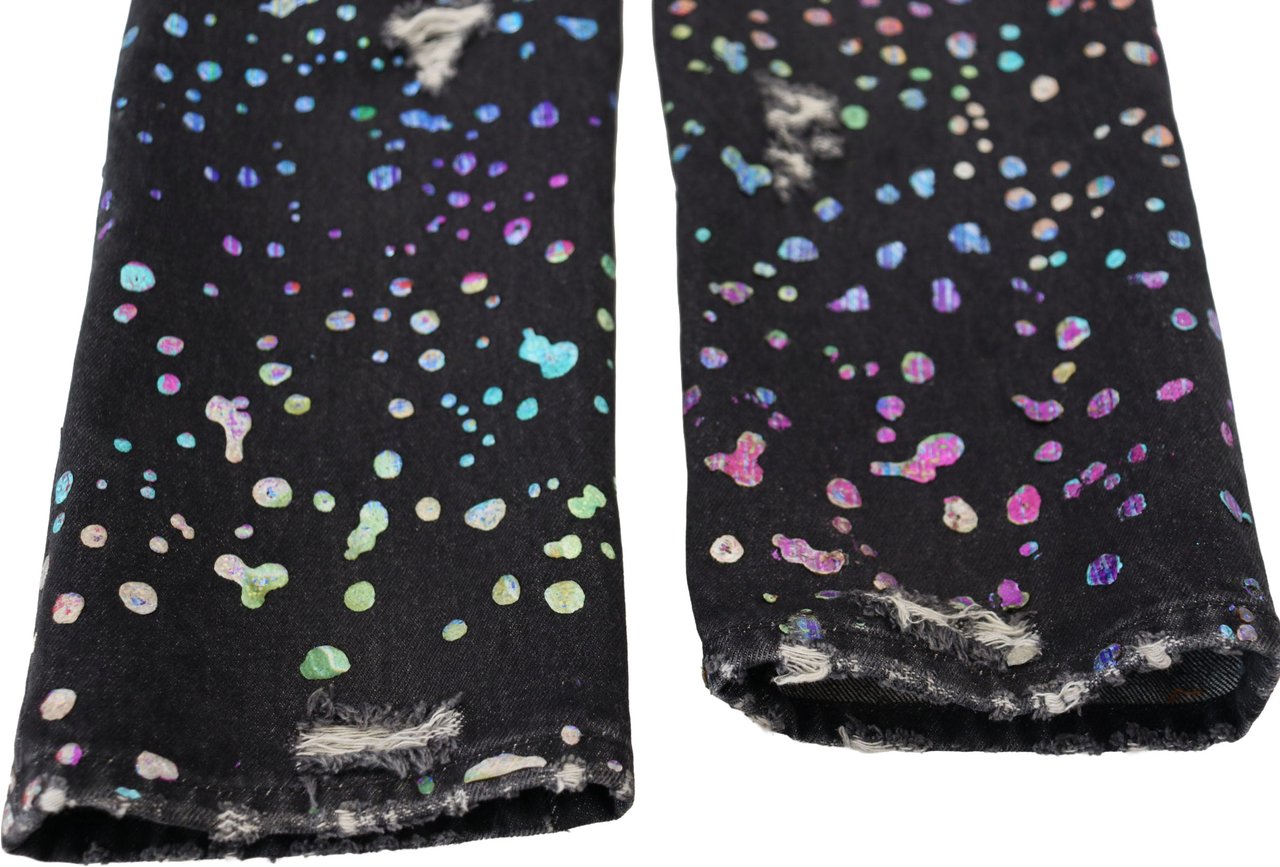 Dolce & Gabbana Black Multicolor Print Tattered Denim Jeans Zwart