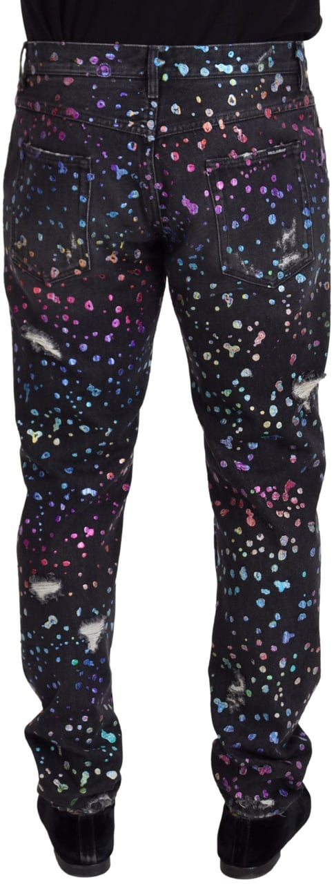 Dolce & Gabbana Black Multicolor Print Tattered Denim Jeans Zwart