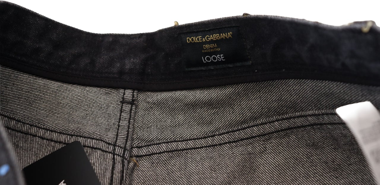 Dolce & Gabbana Black Multicolor Print Tattered Denim Jeans Zwart