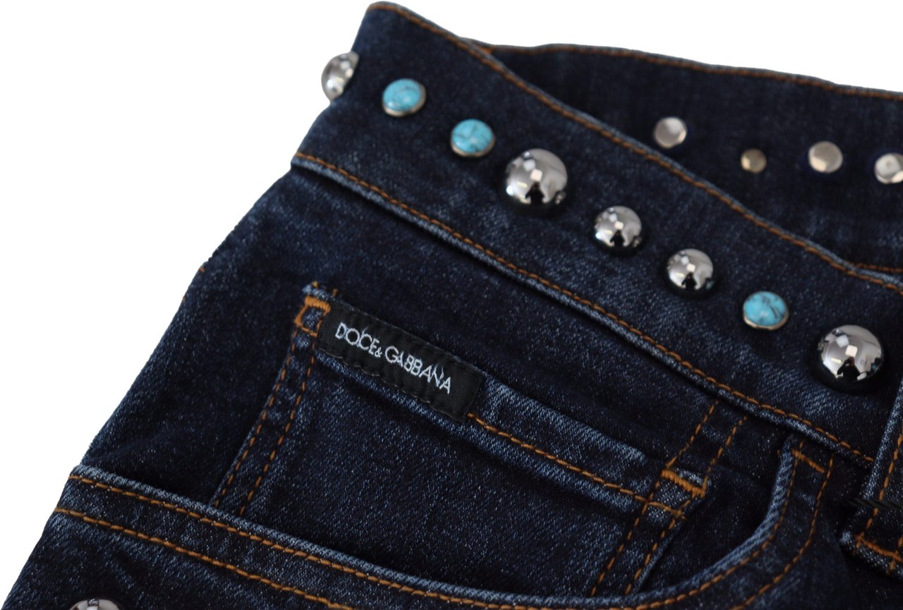 Dolce & Gabbana Blue Cotton Studded Low Waist Denim Jeans Blauw