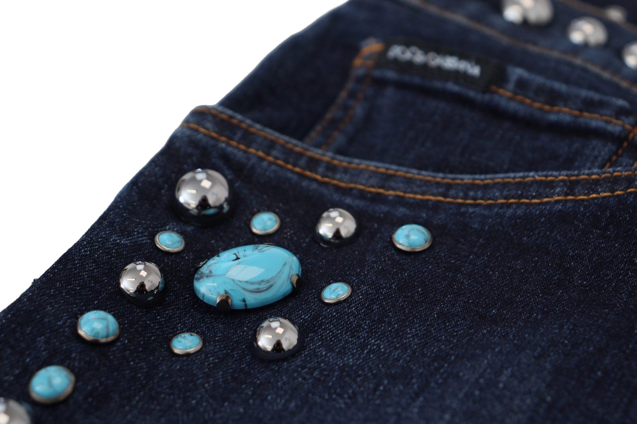 Dolce & Gabbana Blue Cotton Studded Low Waist Denim Jeans Blauw