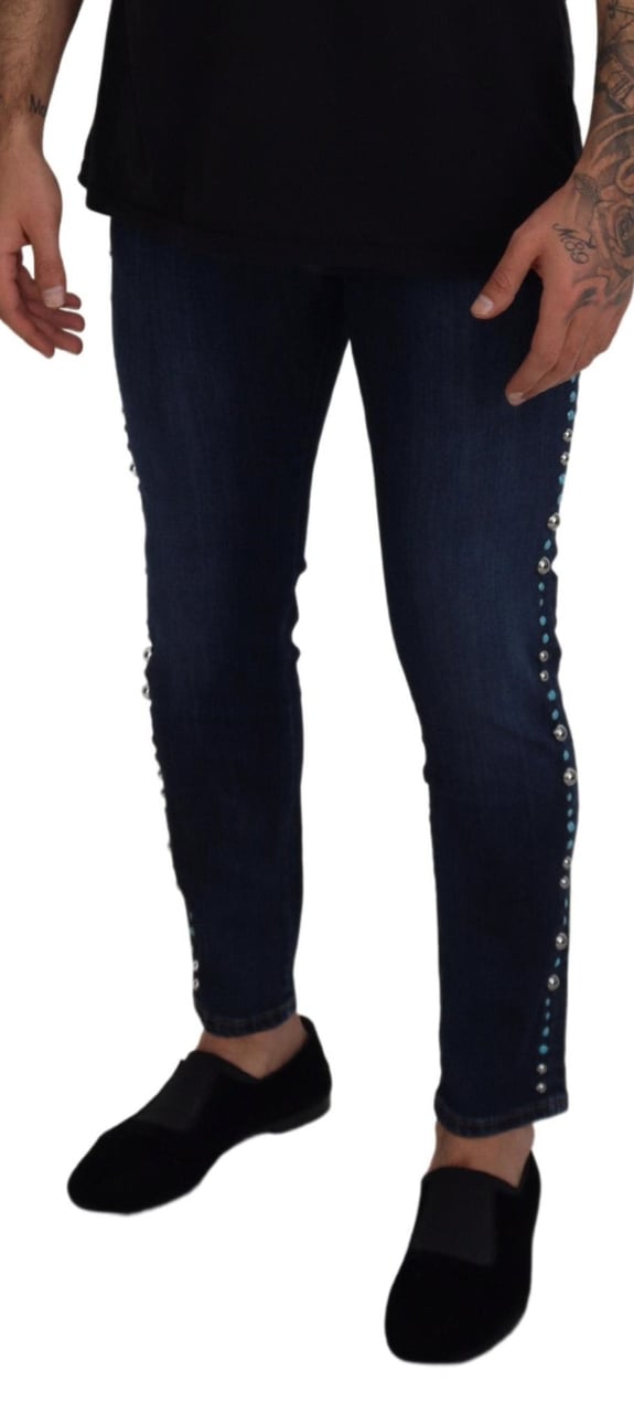 Dolce & Gabbana Blue Cotton Studded Low Waist Denim Jeans Blauw