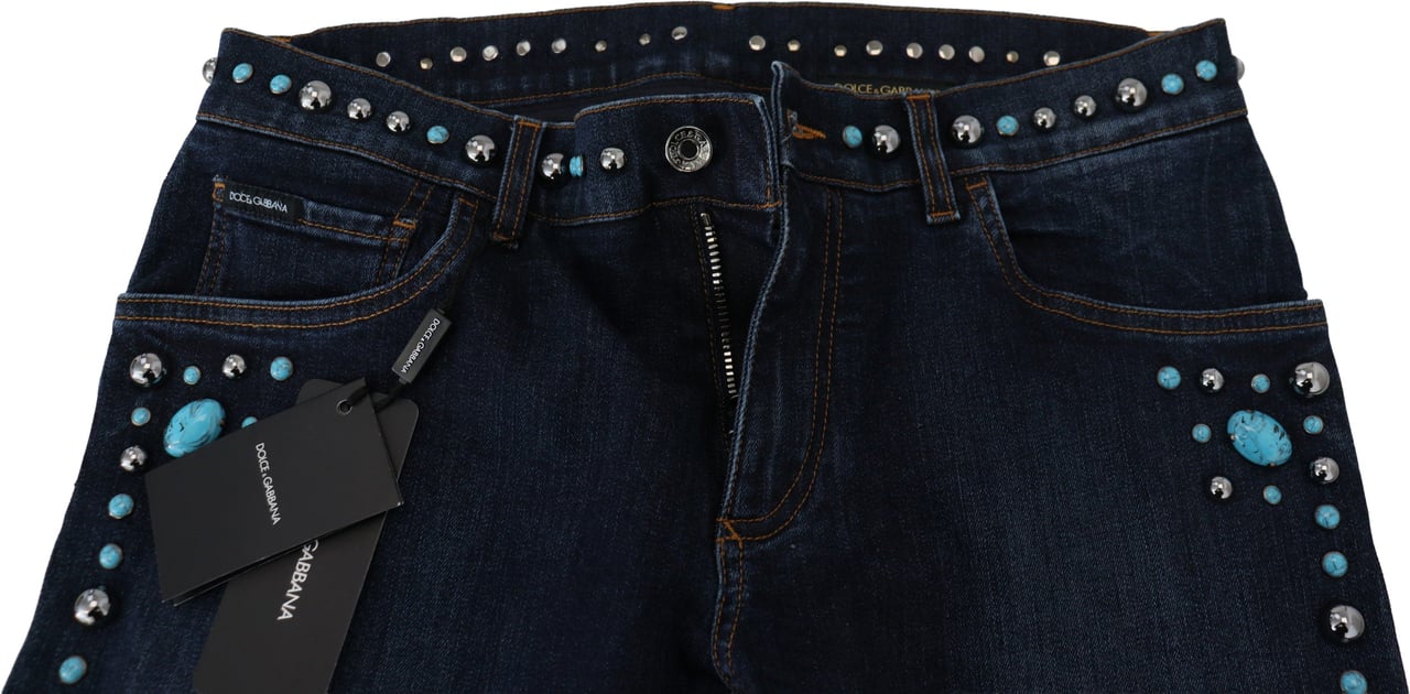 Dolce & Gabbana Blue Cotton Studded Low Waist Denim Jeans Blauw