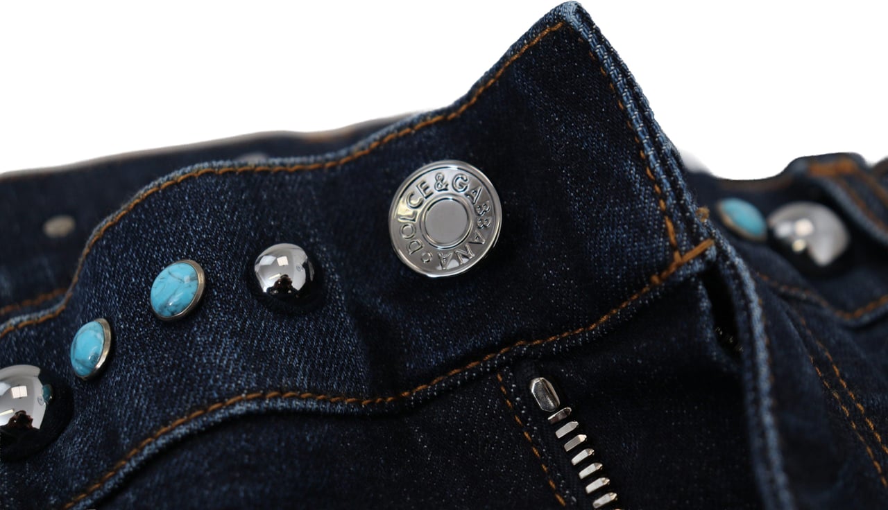 Dolce & Gabbana Blue Cotton Studded Low Waist Denim Jeans Blauw