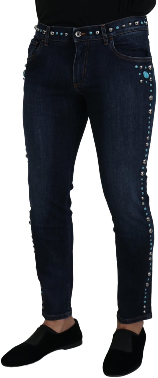 Dolce & Gabbana Blue Cotton Studded Low Waist Denim Jeans Blauw