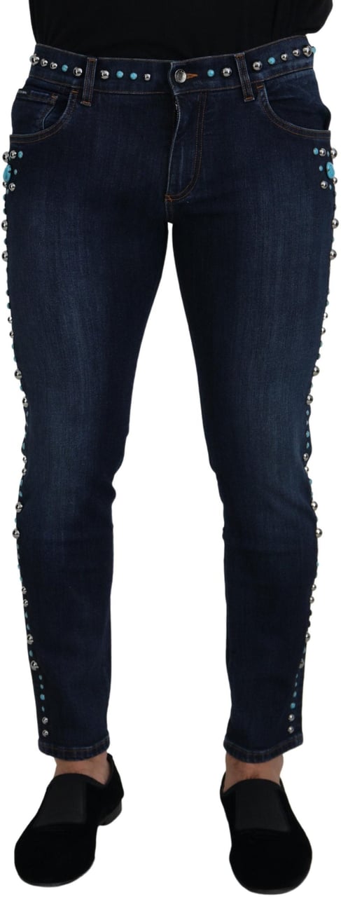 Dolce & Gabbana Blue Cotton Studded Low Waist Denim Jeans Blauw