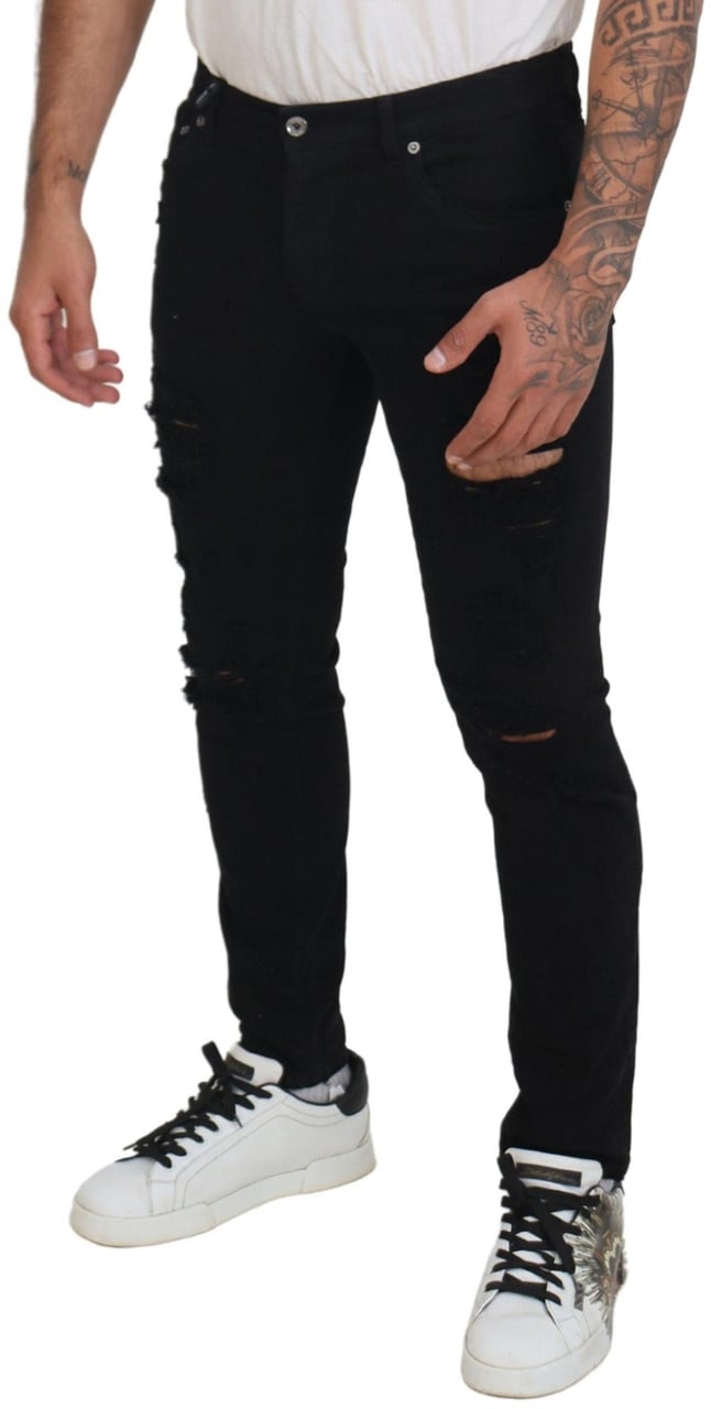 Dolce & Gabbana Black Slim Fit Tattered Denim Cotton Jeans Zwart