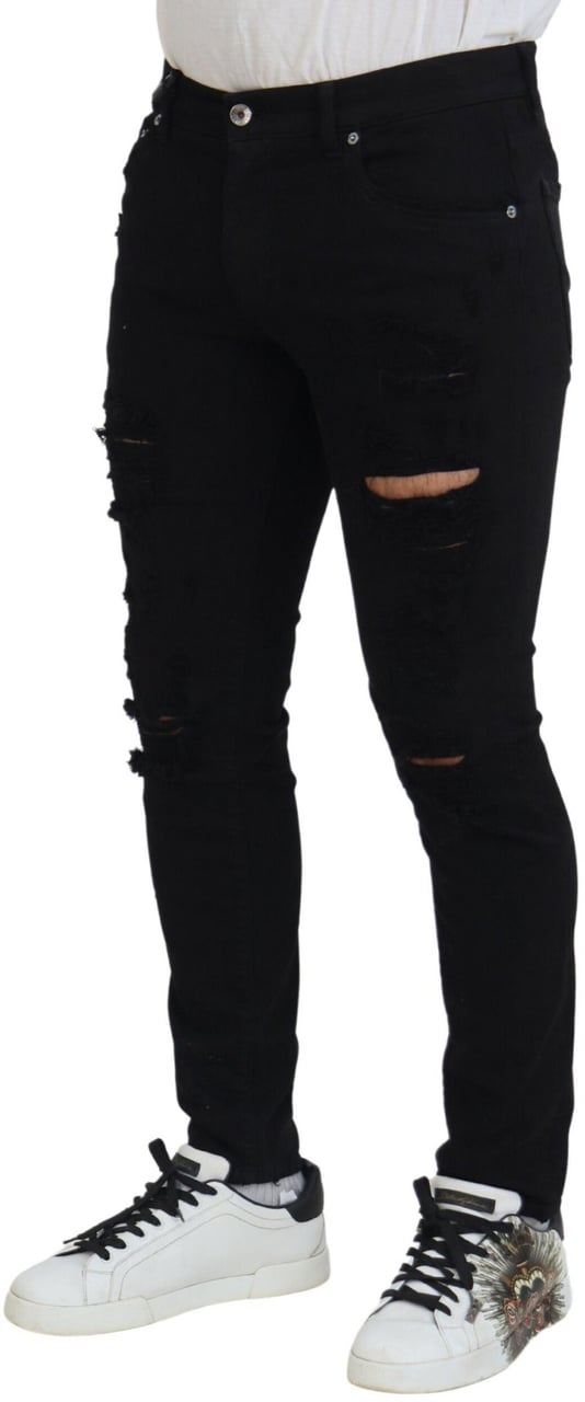 Dolce & Gabbana Black Slim Fit Tattered Denim Cotton Jeans Zwart