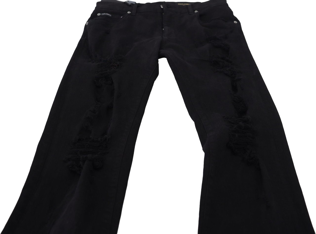 Dolce & Gabbana Black Slim Fit Tattered Denim Cotton Jeans Zwart