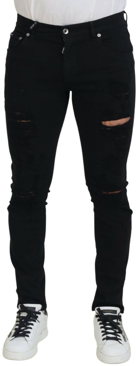 Dolce & Gabbana Black Slim Fit Tattered Denim Cotton Jeans Zwart