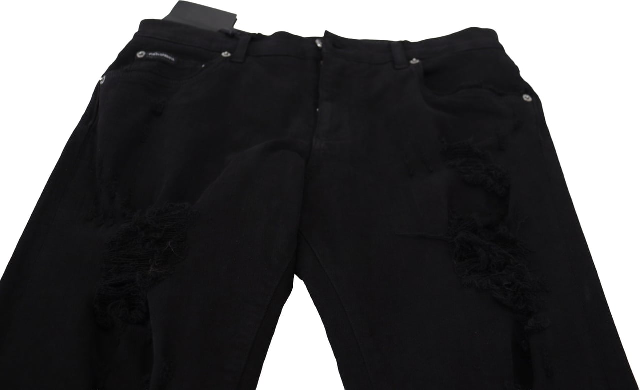 Dolce & Gabbana Black Slim Fit Tattered Denim Cotton Jeans Zwart