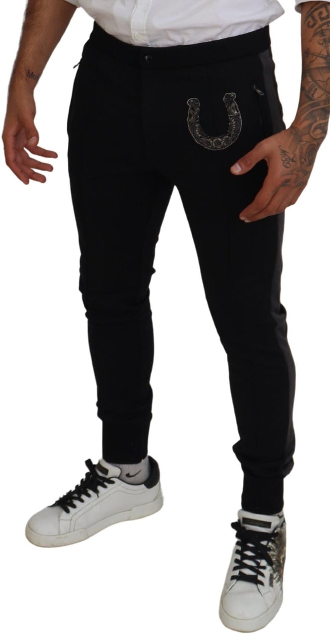 Dolce & Gabbana Black Wool Horseshoe Jogger Pants Zwart