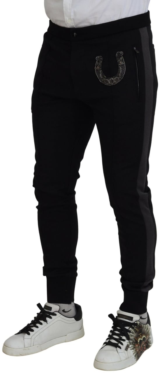 Dolce & Gabbana Black Wool Horseshoe Jogger Pants Zwart