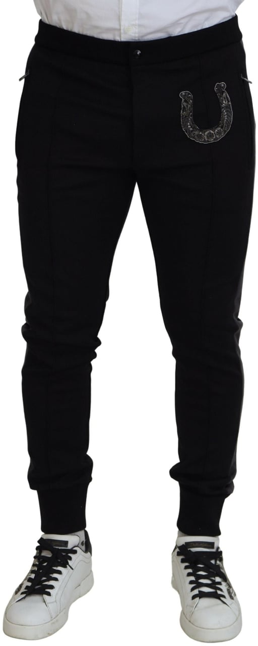 Dolce & Gabbana Black Wool Horseshoe Jogger Pants Zwart