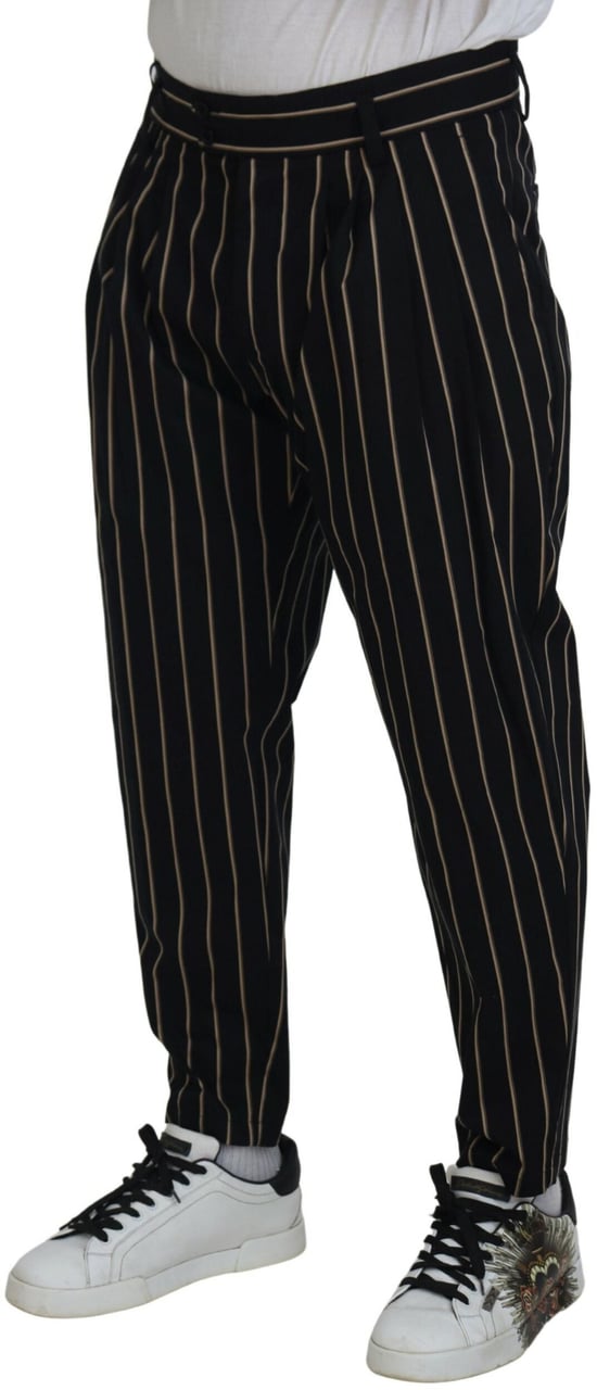 Dolce & Gabbana Black Beige Striped Cotton Stretch Pants Zwart