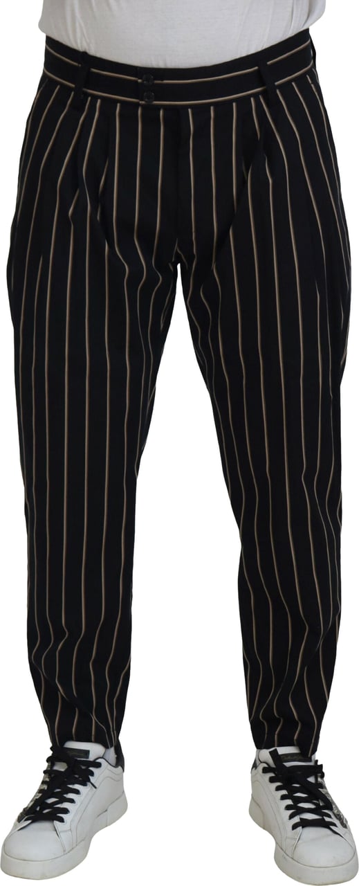 Dolce & Gabbana Black Beige Striped Cotton Stretch Pants Zwart