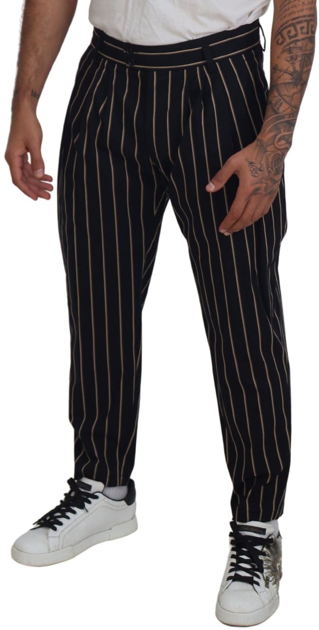 Dolce & Gabbana Black Beige Striped Cotton Stretch Pants Zwart