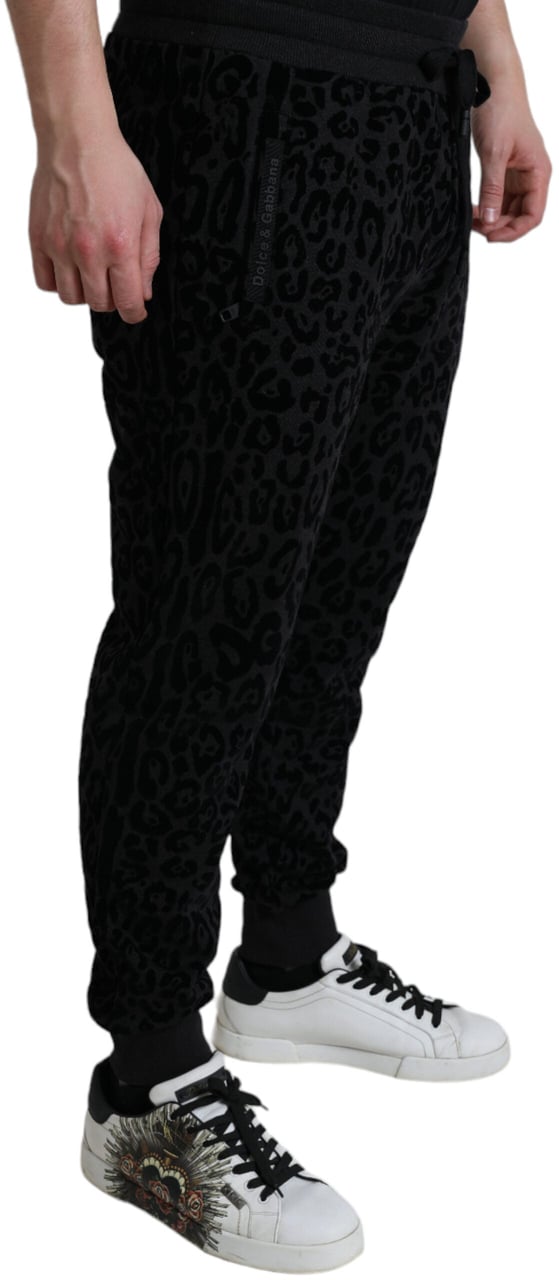 Dolce & Gabbana Black Leopard Cotton Slim Fit Jogger Pants Zwart