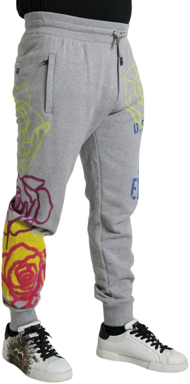 Dolce & Gabbana Gray Cotton Graffiti Sweatpants Jogger Pants Grijs