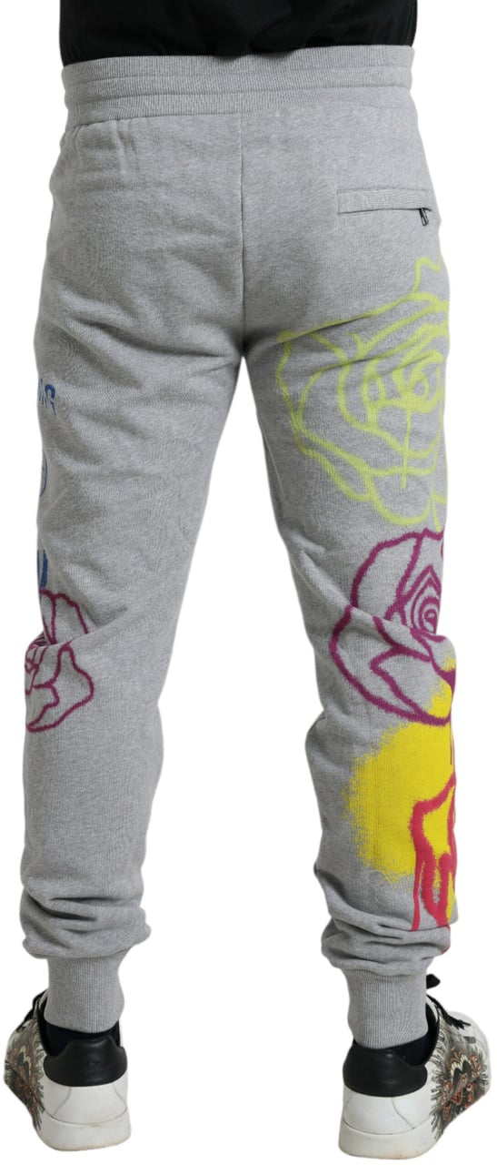 Dolce & Gabbana Gray Cotton Graffiti Sweatpants Jogger Pants Grijs