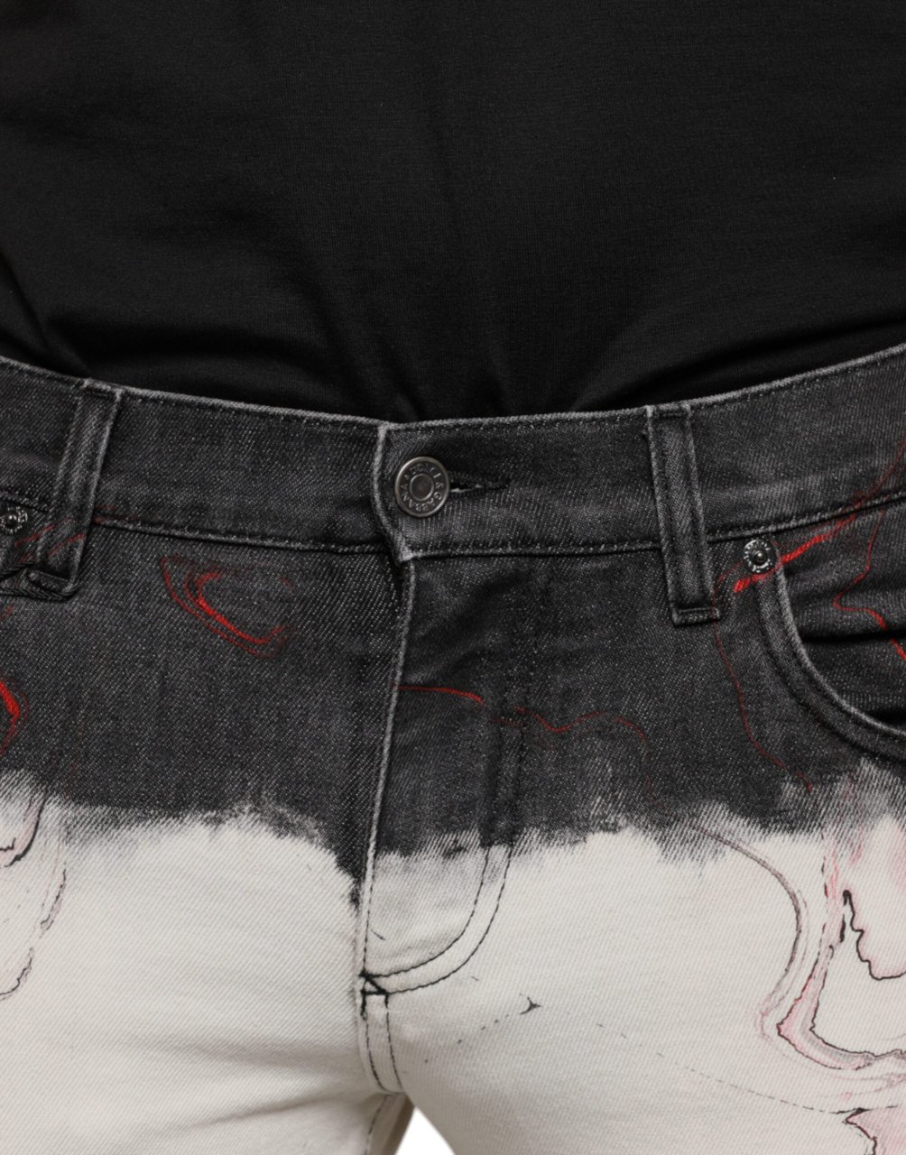 Dolce & Gabbana Black White Printed Skinny Men Denim Jeans Zwart