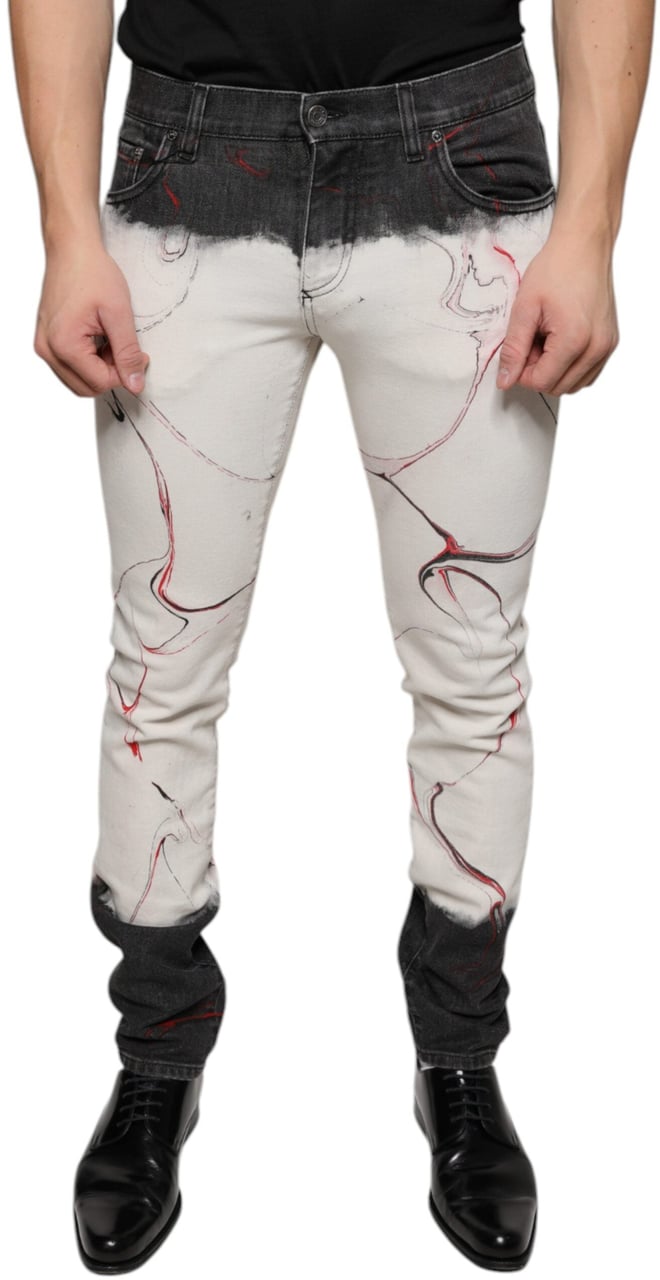 Dolce & Gabbana Black White Printed Skinny Men Denim Jeans Zwart