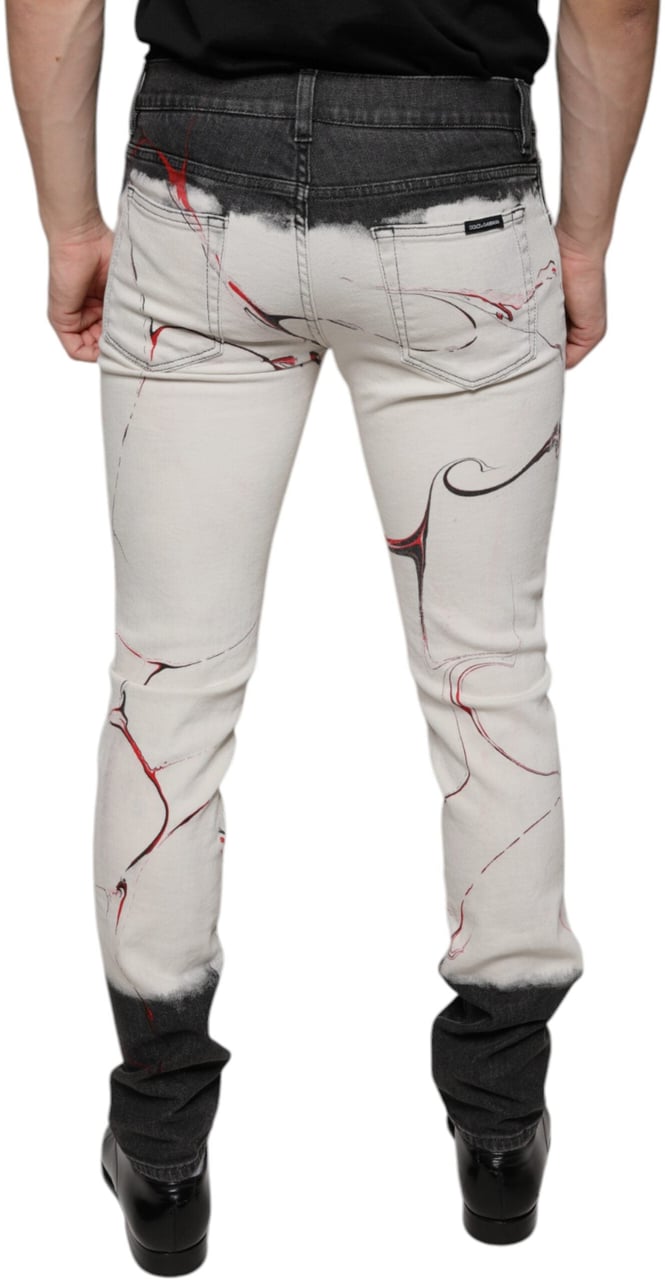 Dolce & Gabbana Black White Printed Skinny Men Denim Jeans Zwart