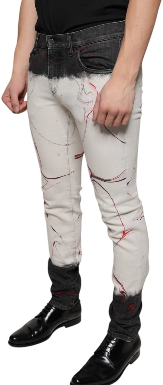 Dolce & Gabbana Black White Printed Skinny Men Denim Jeans Zwart