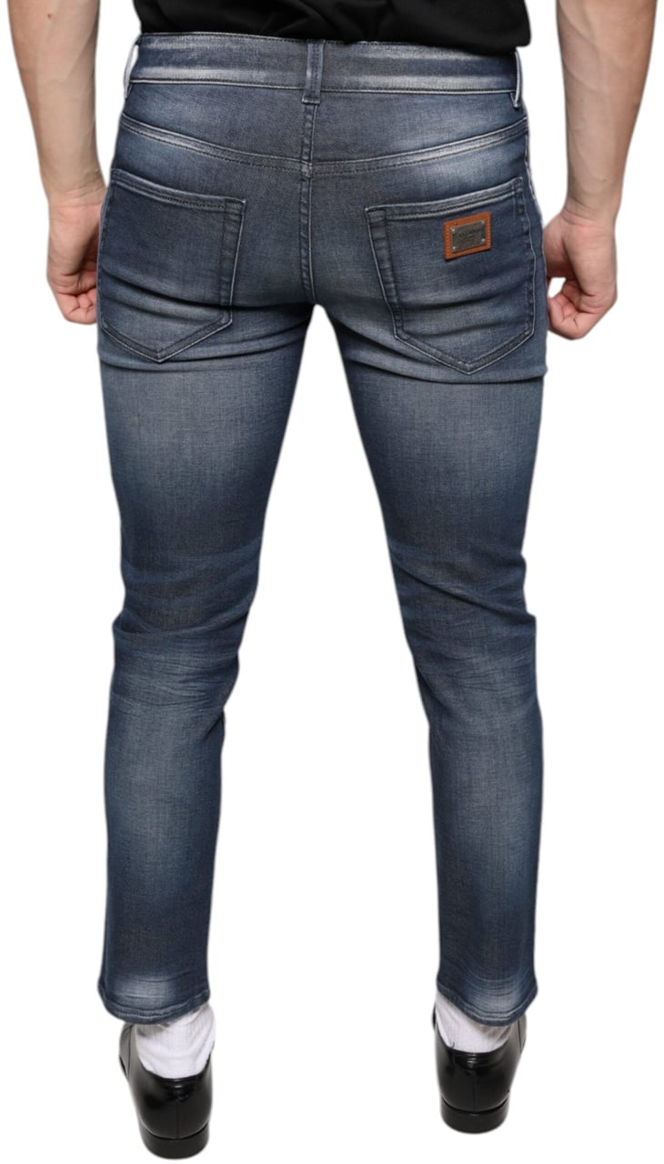 Dolce & Gabbana Dark Blue Washed Cotton Skinny Denim Jeans Blauw