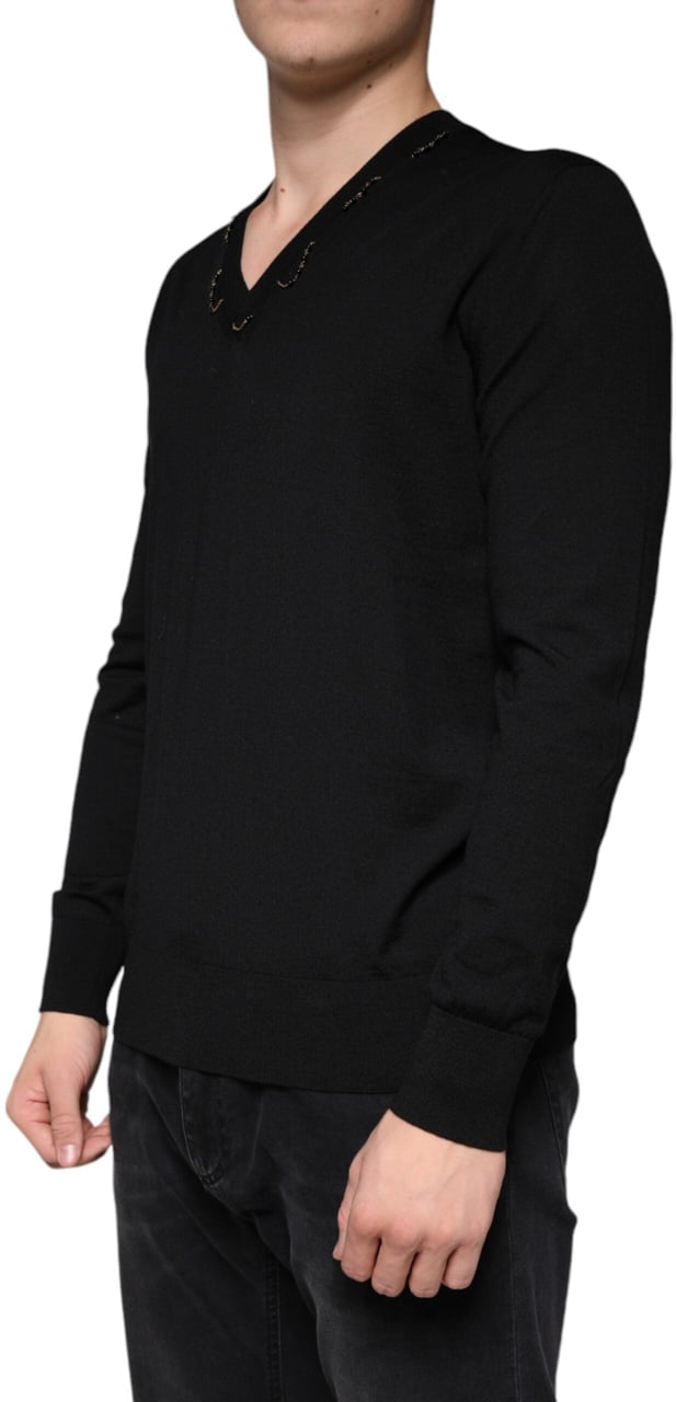 Dolce & Gabbana Black Embellished V-neck Pullover Sweater Zwart