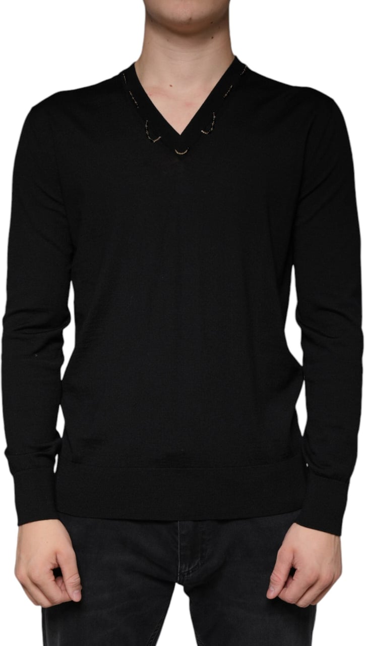 Dolce & Gabbana Black Embellished V-neck Pullover Sweater Zwart