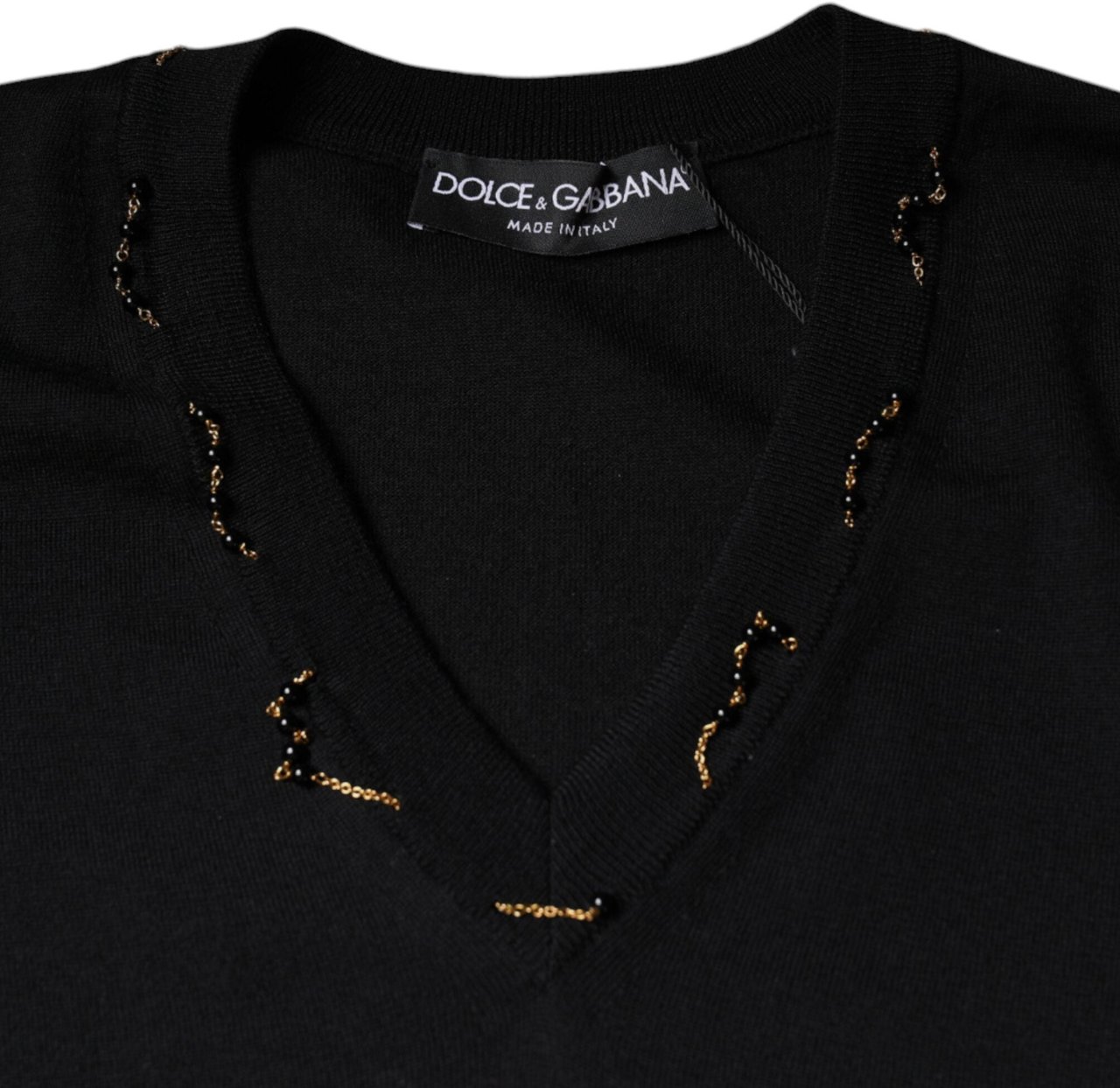 Dolce & Gabbana Black Embellished V-neck Pullover Sweater Zwart