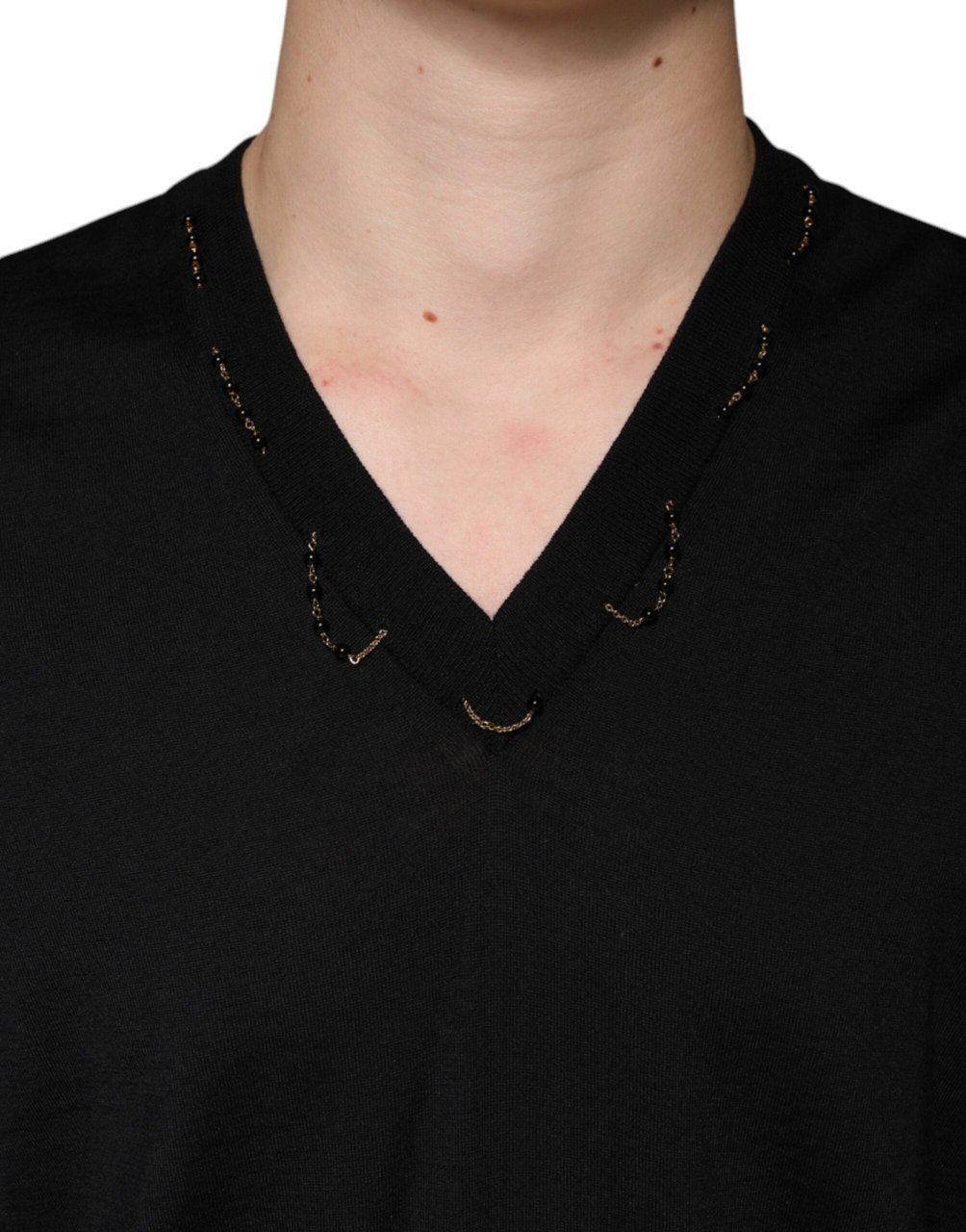 Dolce & Gabbana Black Embellished V-neck Pullover Sweater Zwart