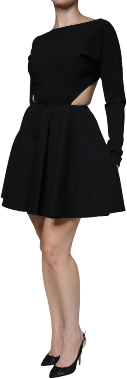 Dolce & Gabbana Black Viscose Cut Out A-line Long Sleeves Mini Dress Zwart