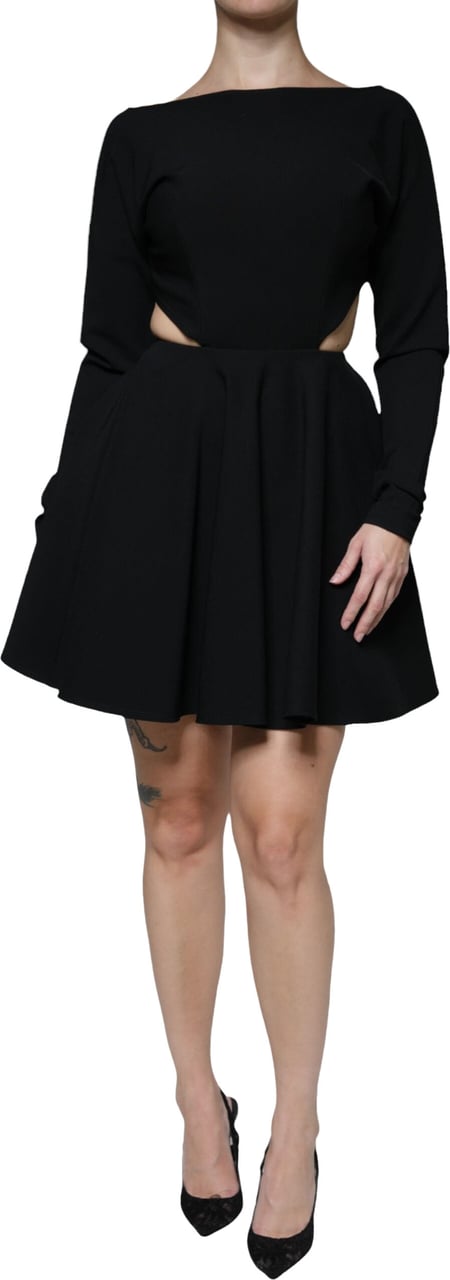 Dolce & Gabbana Black Viscose Cut Out A-line Long Sleeves Mini Dress Zwart