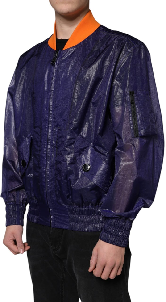 Dolce & Gabbana Blue Cotton Stretch Full Zip Bomber Jacket Blauw